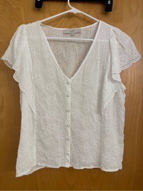 LOFT White Eyelet Button-Front V-Neck Flutter Sleeve Blouse